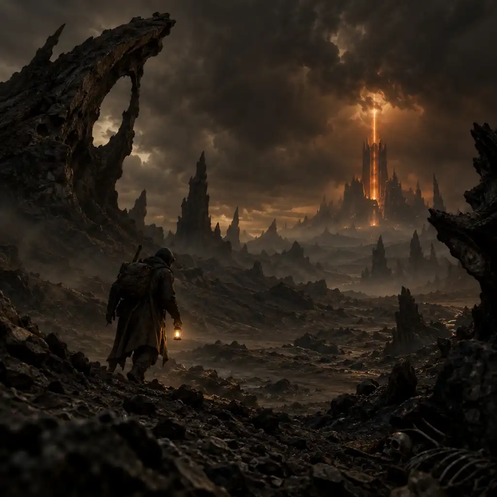 Mroczne pustkowie Golden Wasteland z samotną postacią i odległą świecącą strukturą