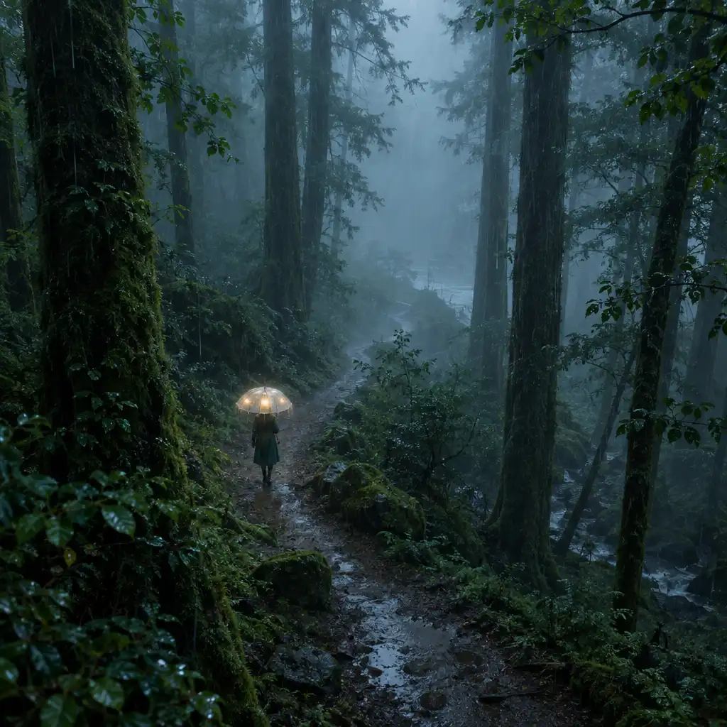 Deszczowy las Hidden Forest z postacią trzymającą świecący parasol na błotnistej ścieżce