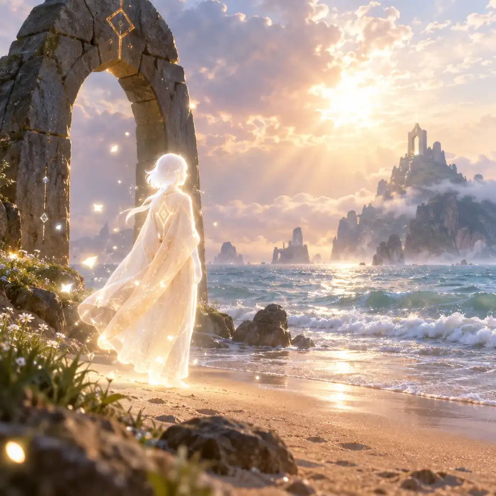 Świecący duch przodka przy kamiennym łuku na piaszczystym brzegu Isle of Dawn
