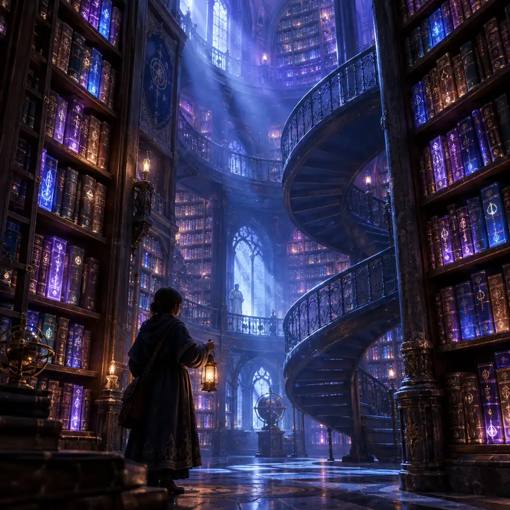 Wnętrze starożytnej biblioteki Vault of Knowledge z spiralnymi schodami i świecącymi księgami